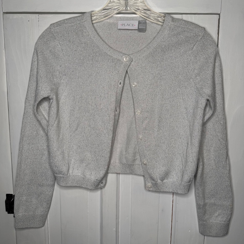 The Childrens Place Girls Silver Metallic Shimmer Cardigan Sweater Size L 10/12